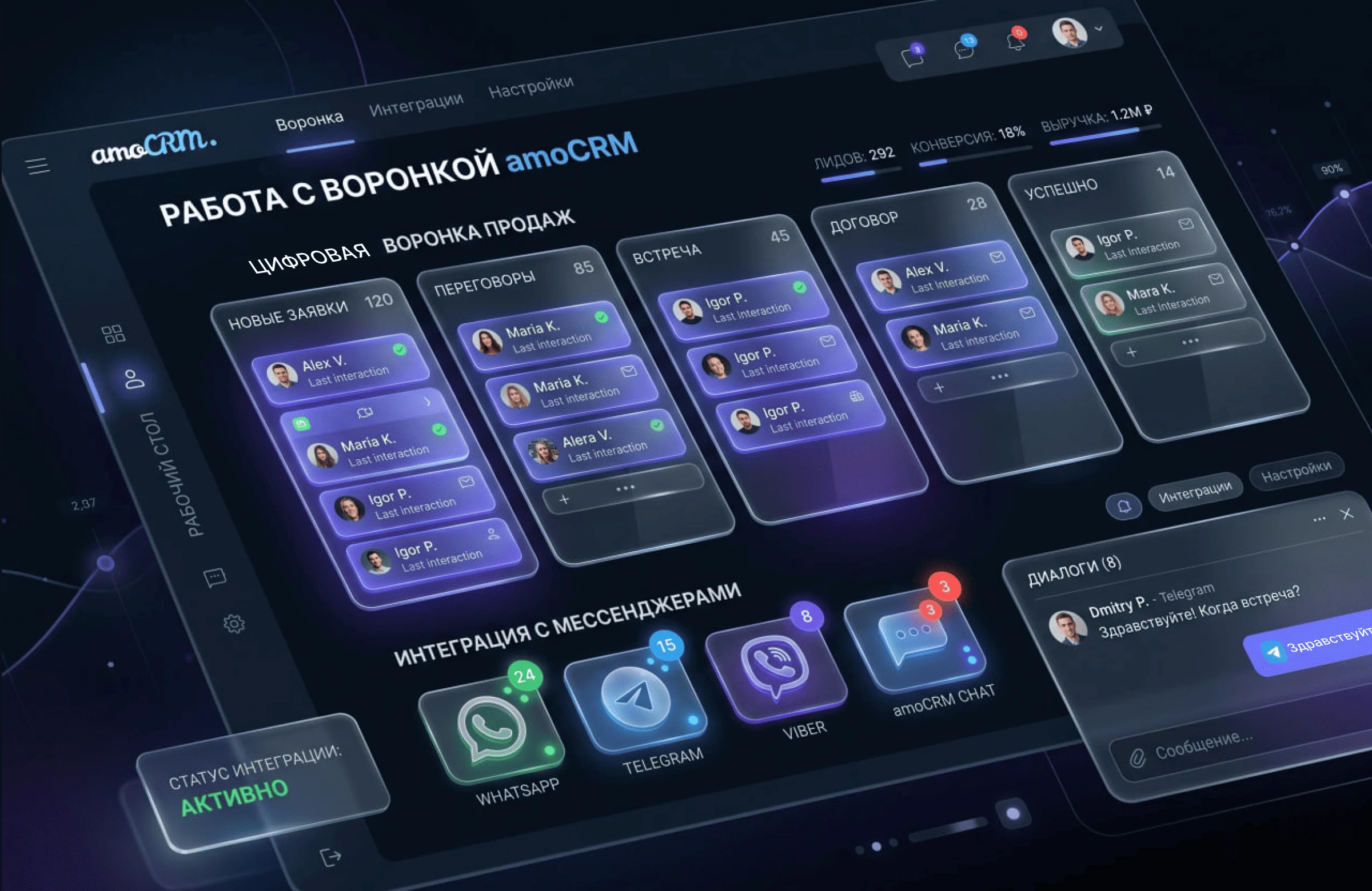 Интерфейс воронки продаж в amoCRM