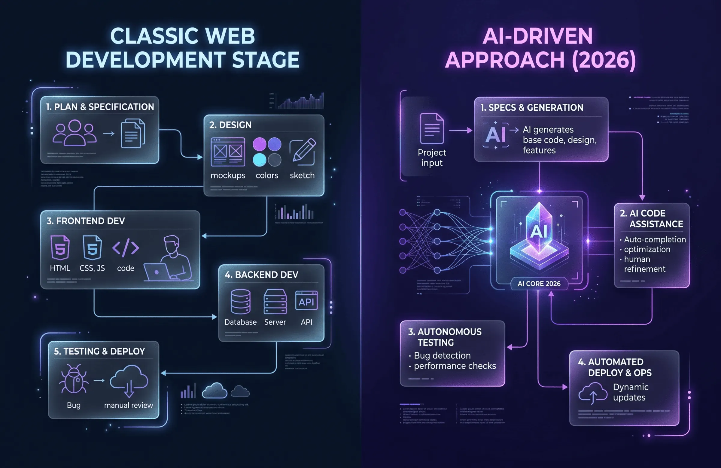 Сравнение классического этапа веб-разработки и современного AI-driven подхода в 2026 году
