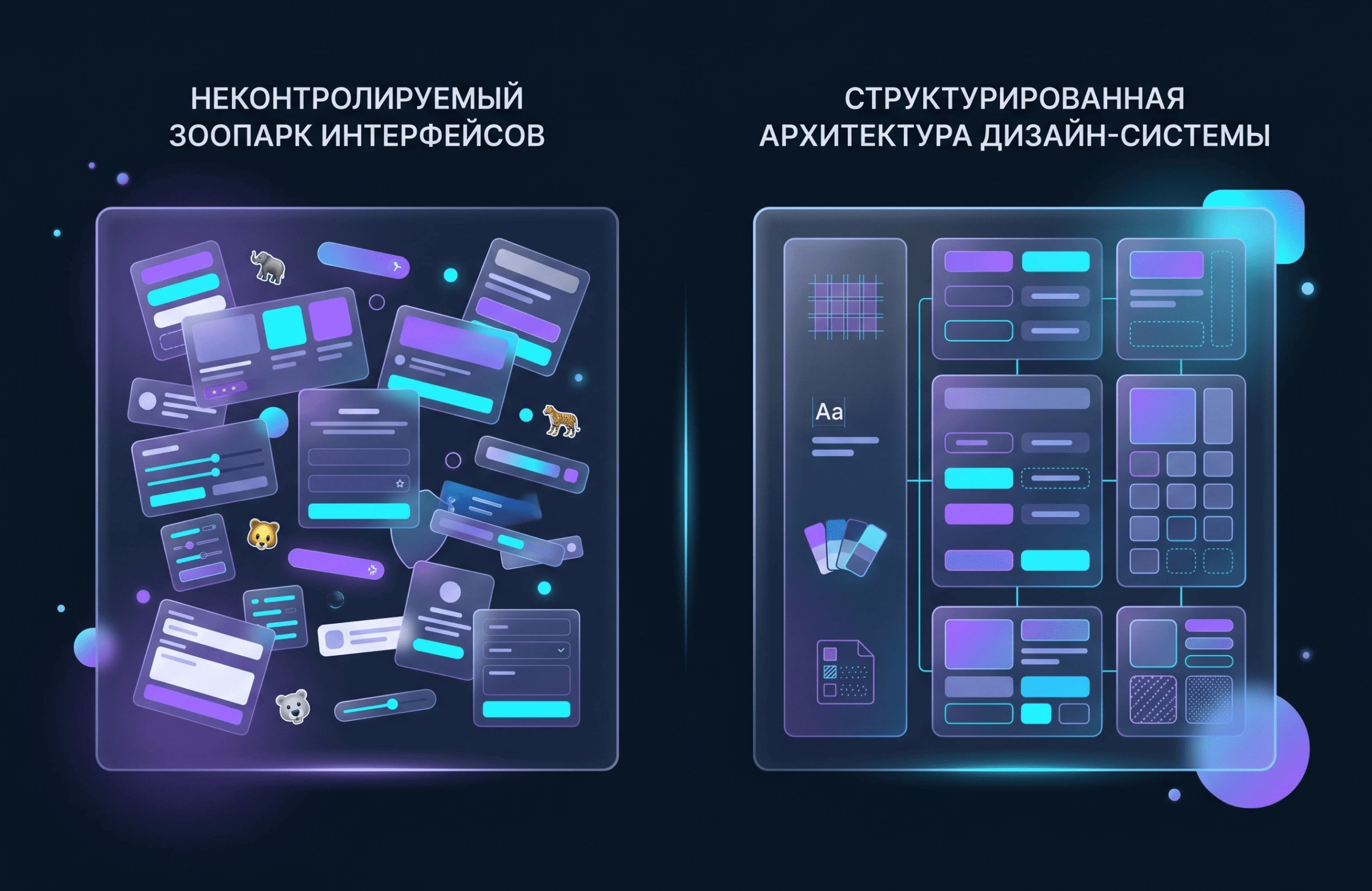 Сравнение неконтролируемого зоопарка интерфейсов и структурированной архитектуры дизайн-системы
